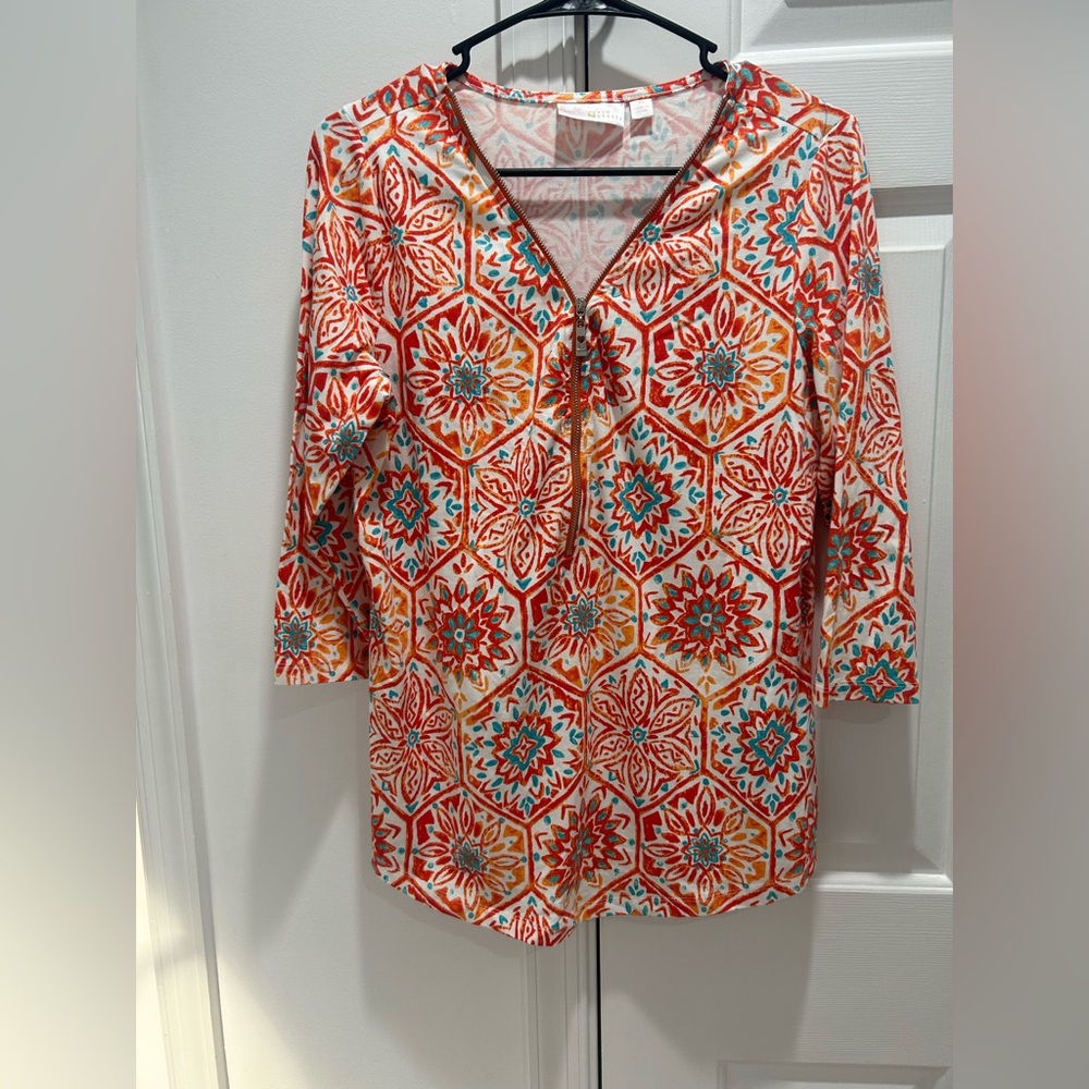 Belle by Kim Gravel Orange, Teal & White Printed V-Neck Tunic